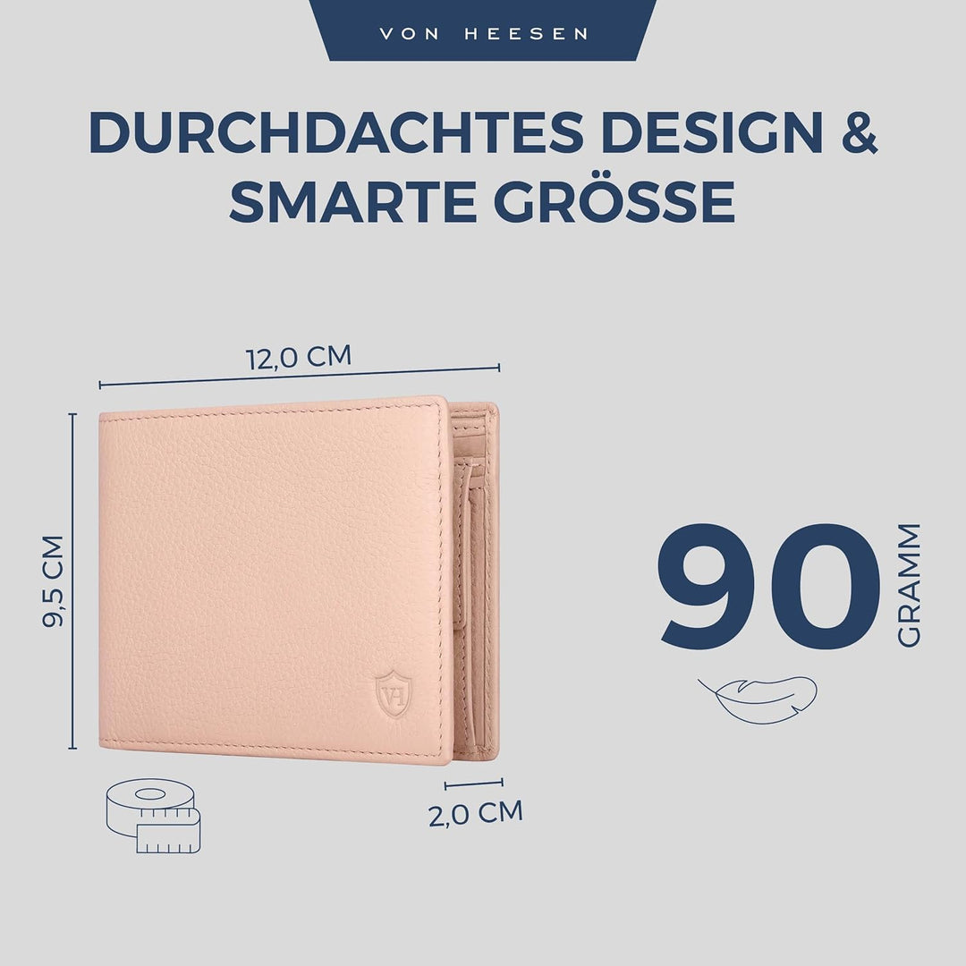 VON HEESEN Leder Geldbörse RFID Schutz I Echtleder Geldbeutel für Damen & Herren I Portemonnaie Brie