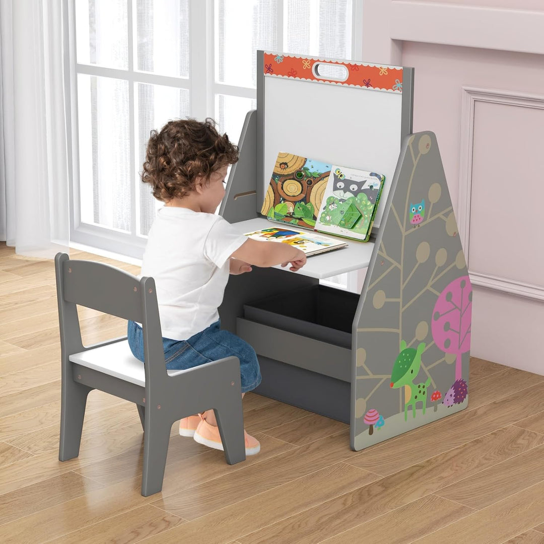 GOPLUS Kinderstaffelei Spieltisch mit Stuhl, Kindertisch und Stuhl-Set mit drehbarer doppelseitiger