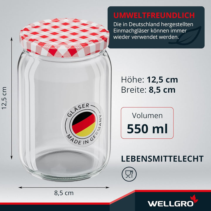 WELLGRO 12x Einmachgläser mit Schraubdeckel - 550ml - Deckel rot kariert To 82 - Made in Germany - V