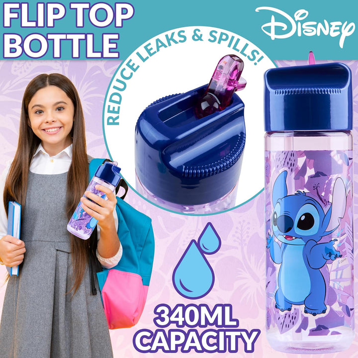 Disney Stitch Kinder Lunchbox mit Fächern und Wasserflasche für Schule und Ausflüge (Blau/Lila)