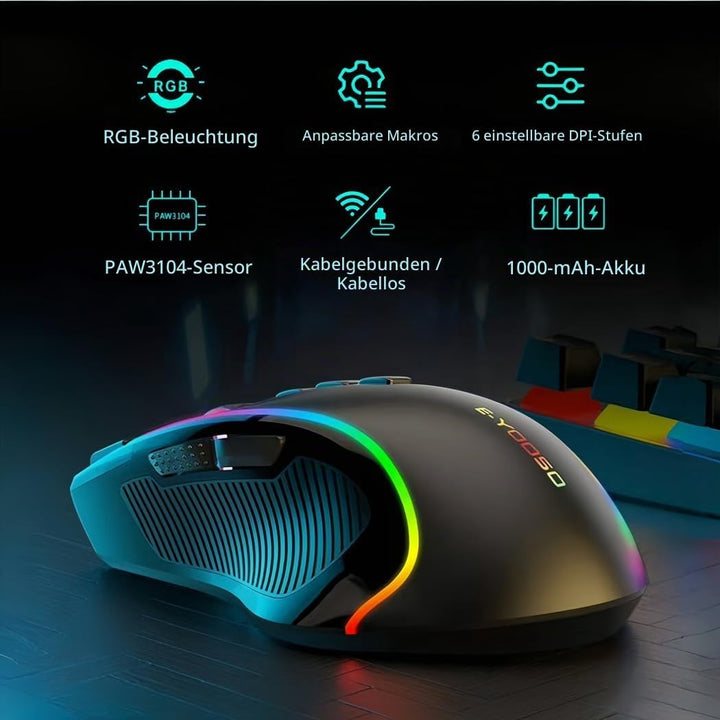 Niceon Gaming Maus kabellos RGB Wiederaufladbare, 9 Programmierbare Tasten, Langer Stunden Akkulaufz