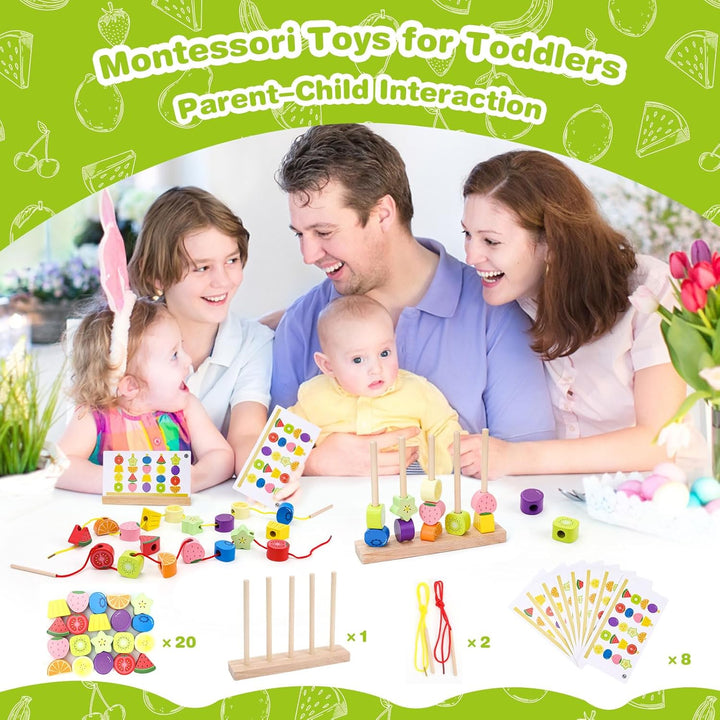 Montessori Spielzeug ab 2 3 4 5 Jahre: Holzspielzeug mit Steckspiel Fädelspiel Bausteinen Motorikspi