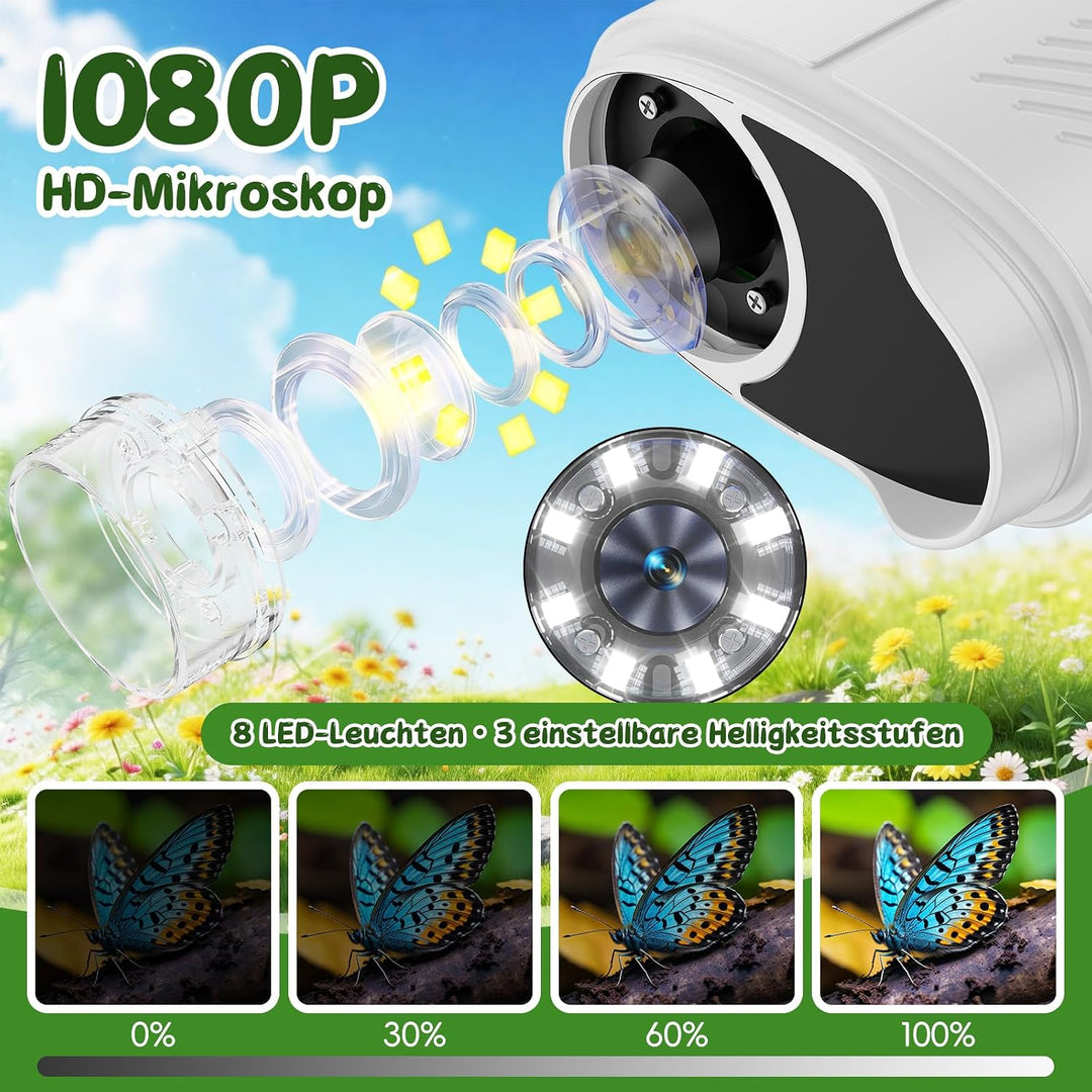 Tragbares Mikroskop für Kinder, 1000x Digitales Handmikroskop Kinder mit 2,4 Zoll IPS Bildschirm, Fo