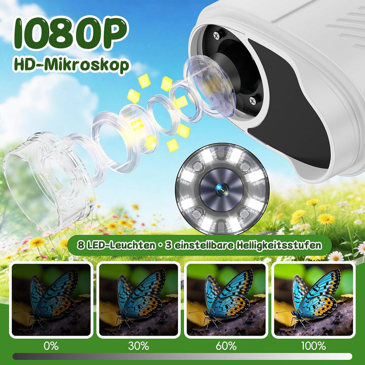 Tragbares Mikroskop für Kinder, 1000x Digitales Handmikroskop Kinder mit 2,4 Zoll IPS Bildschirm, Fo