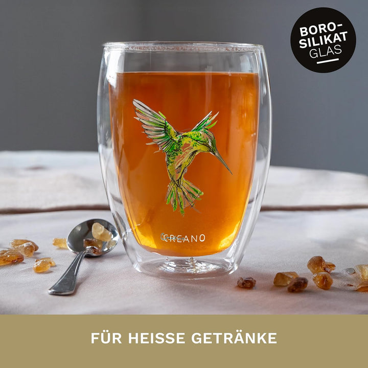 Creano doppelwandige Tee-Gläser, Cappuccino-Glas, Thermoglas Hummi im Kolibri Design, 6er Set, 250 m