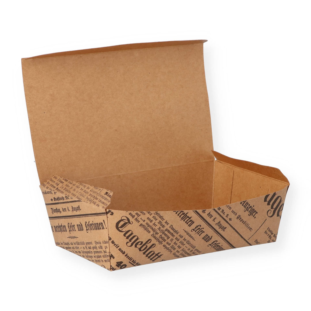 200 Fingerfoodboxen, Snackboxen, braun, mit Aufdruck: Tageblatt, 19x11,5x 5,5cm