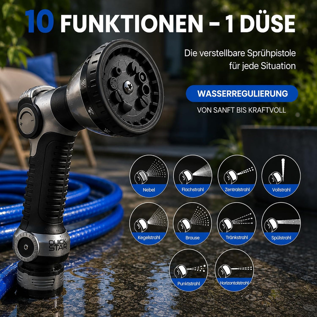 QUICK STAR Schlauchtrommel Zulu 30 m +2m, Automatik Rollup, 180° schwenkbar, 10 Modi Multi Handbraus