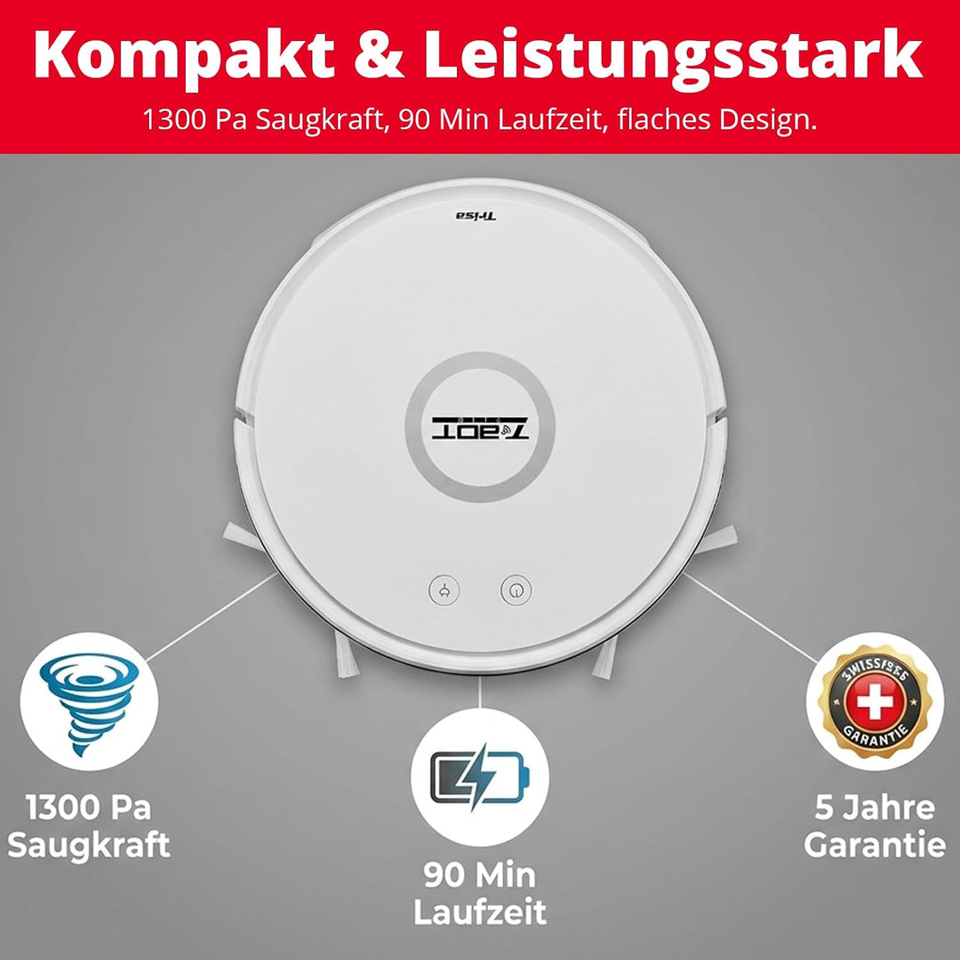 Trisa T-Bot Lite Saugroboter, 1300Pa, HEPA-Filter &amp; Magnetband-Abgrenzung | 1300 Pa Saugkraft, 90 Mi