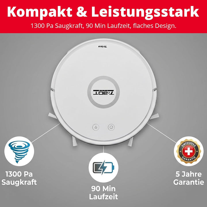 Trisa T-Bot Lite Saugroboter, 1300Pa, HEPA-Filter &amp; Magnetband-Abgrenzung | 1300 Pa Saugkraft, 90 Mi