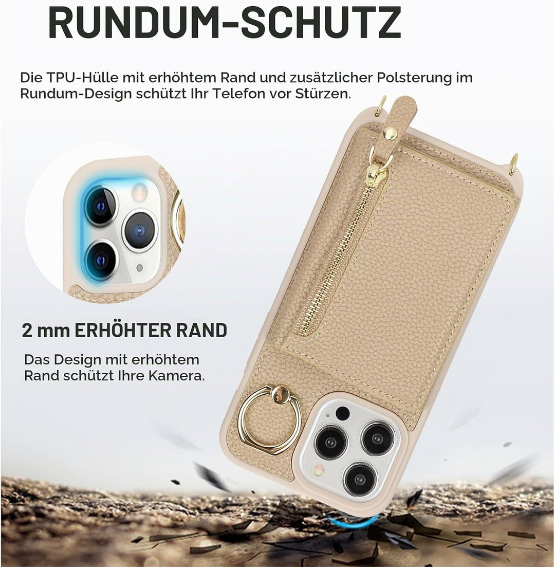 ELTEKER Handyhülle für iPhone 15 Pro Max Hülle mit Band Kartenfach Handykette Ringhalterung Geldbörs