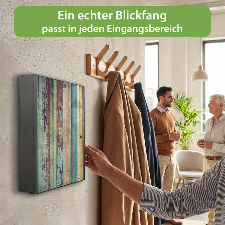 banjado® Grosser Schlüsselkasten Glas/Schlüsselbox 30cm x 30cm mit 50 Haken - Motiv Bunte Bretterwan