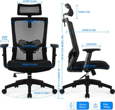 Daccormax Bürostuhl Ergonomisch, Schreibtischstuhl mit Verstellbarer Kopfstütze, Armlehnen, Lendenwi