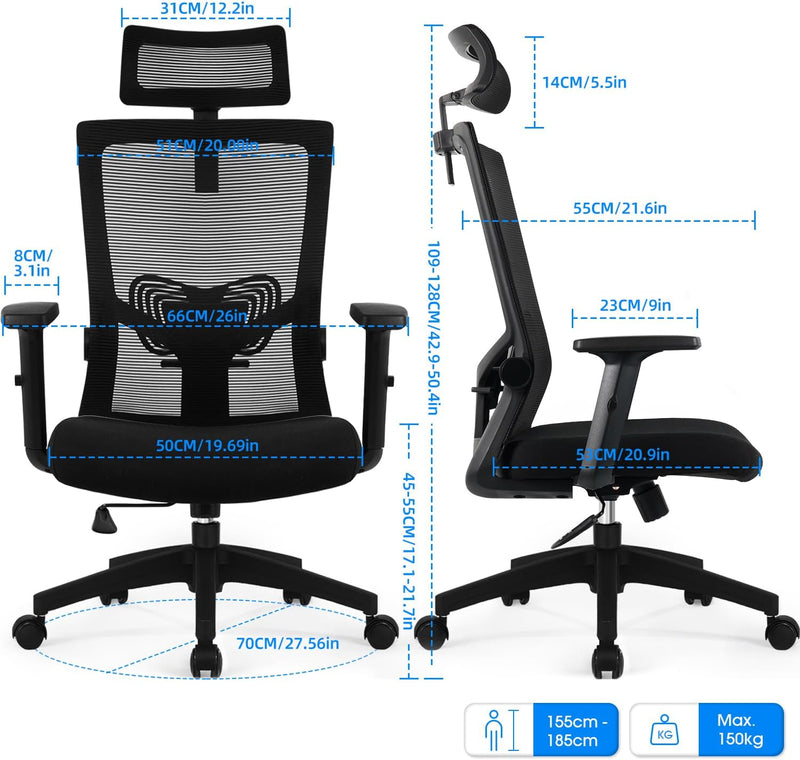 Daccormax Bürostuhl Ergonomisch, Schreibtischstuhl mit Verstellbarer Kopfstütze, Armlehnen, Lendenwi
