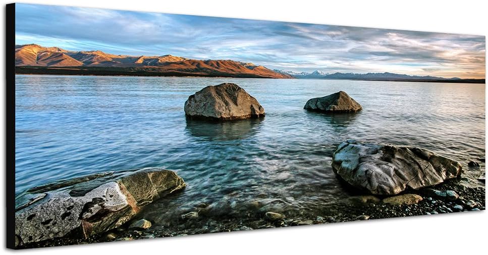 Paul Sinus Art Panoramabild auf Leinwand und Keilrahmen 150x50cm Neuseeland Wasser Felsen Wolkenhimm