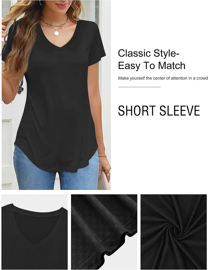 Florboom Damen Tshirt Langarm/Kurzarm V Ausschnitt Oberteil Sommer Basic Shirt, S Milla- Aschwarz