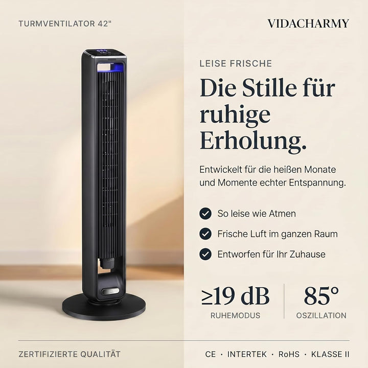 Turmventilator (107 cm), 19 dB, Windgeschwindigkeit bis zu 8.2 m/s, LED-Touchdisplay, Fernbedienung,