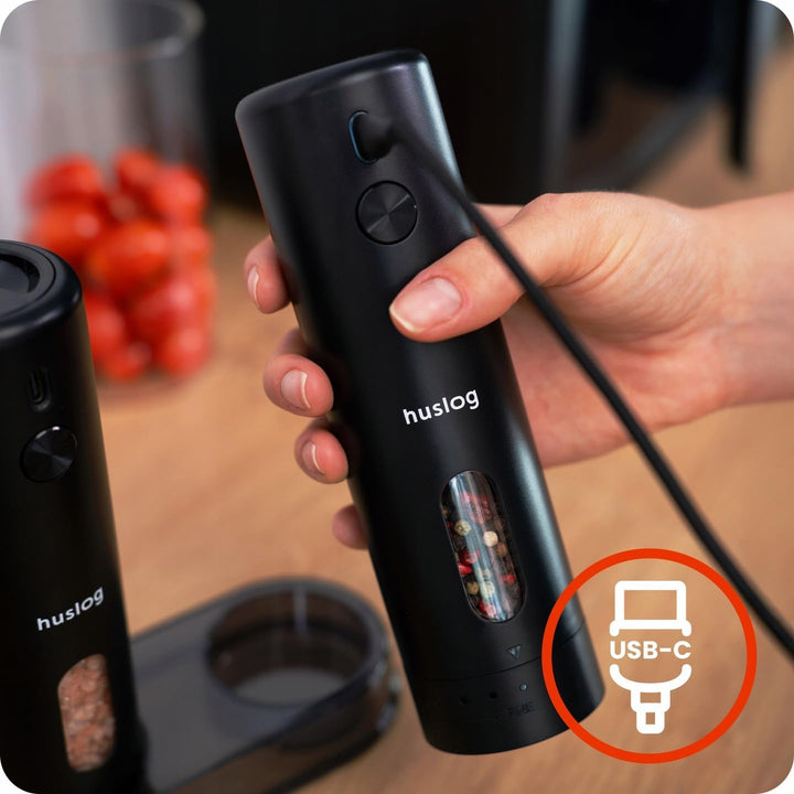 Elektrische Salz- und Pfeffermühle 2er Set – USB-C wiederaufladbar mit LED, Ständer & Reinigungsbürs
