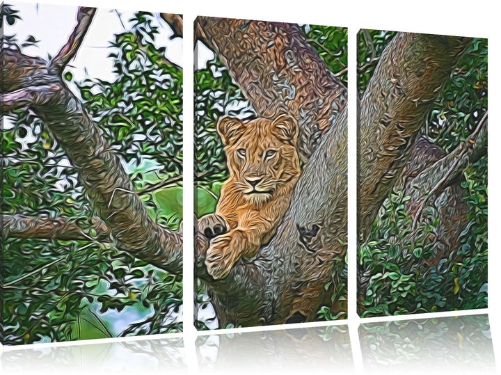 schöne Löwin auf Baum NewArt 3-Teiler Leinwandbild 120x80 Bild auf Leinwand, XXL riesige Bilder fert