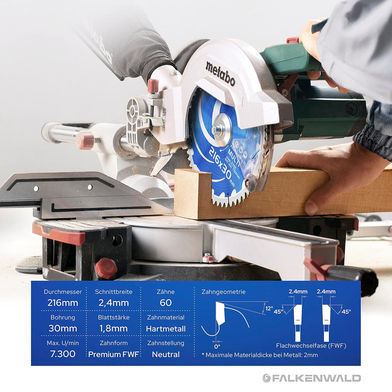 FALKENWALD ® Kreissägeblatt 216x30 mm ideal für Holz, Metall & Alu - Sägeblatt 216x30 kompatibel mit
