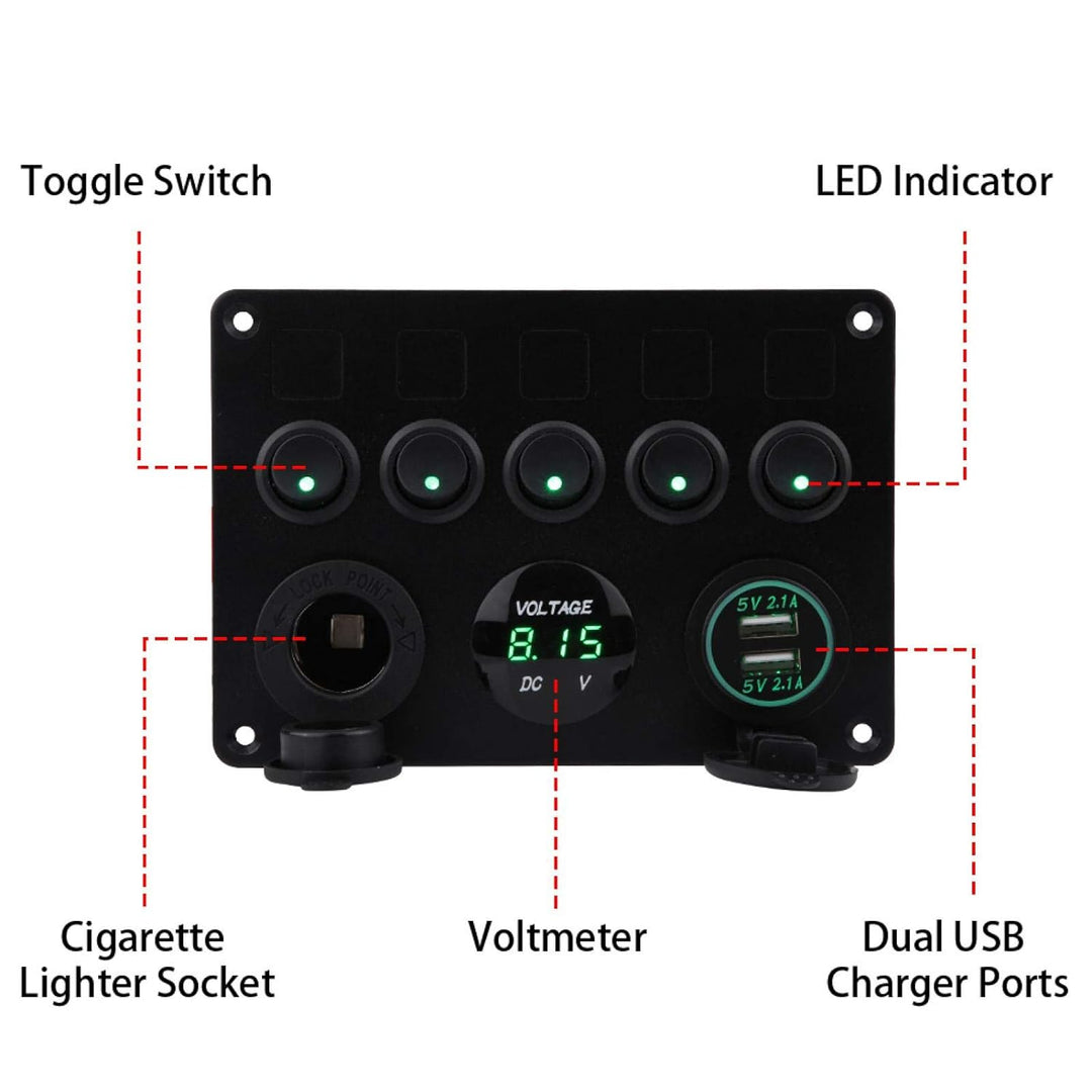 Kippschalter, 12-24V 5 Gang On/Off Kippschalter Panel Dual USB Voltmeter für Auto Boot Marine Truck(