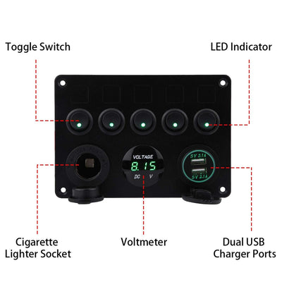 Kippschalter, 12-24V 5 Gang On/Off Kippschalter Panel Dual USB Voltmeter für Auto Boot Marine Truck(
