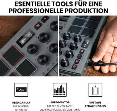 AKAI Professional MPK Mini MK3 – 25-Tasten USB MIDI Keyboard Controller, 8 hintergrundbeleuchtete Dr