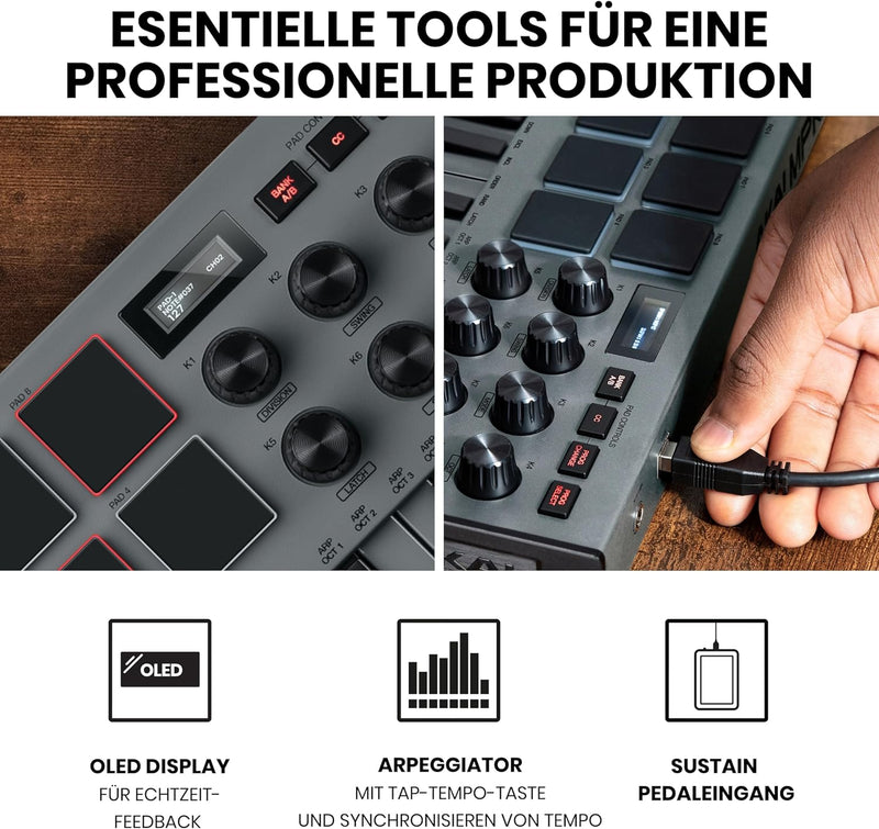 AKAI Professional MPK Mini MK3 – 25-Tasten USB MIDI Keyboard Controller, 8 hintergrundbeleuchtete Dr