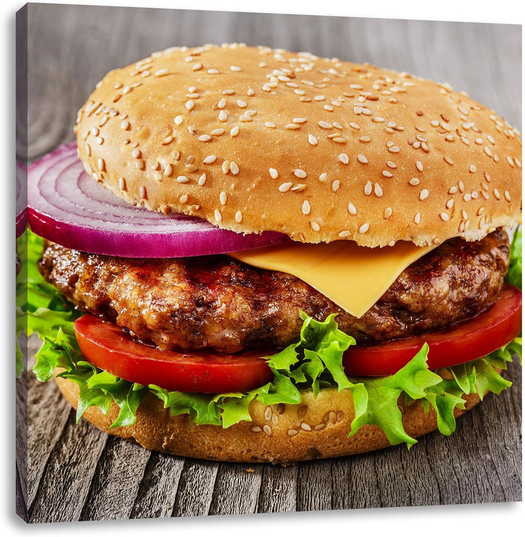 Leckerer Cheeseburger, Format: 70x70 auf Leinwand, XXL riesige Bilder fertig gerahmt mit Keilrahmen,
