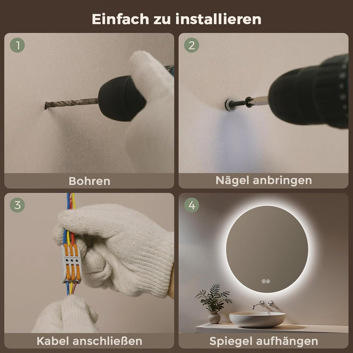 S'AFIELINA Badspiegel mit Beleuchtung Rund 60cm LED Badspiegel mit Touchschalter Badezimmerspiegel R