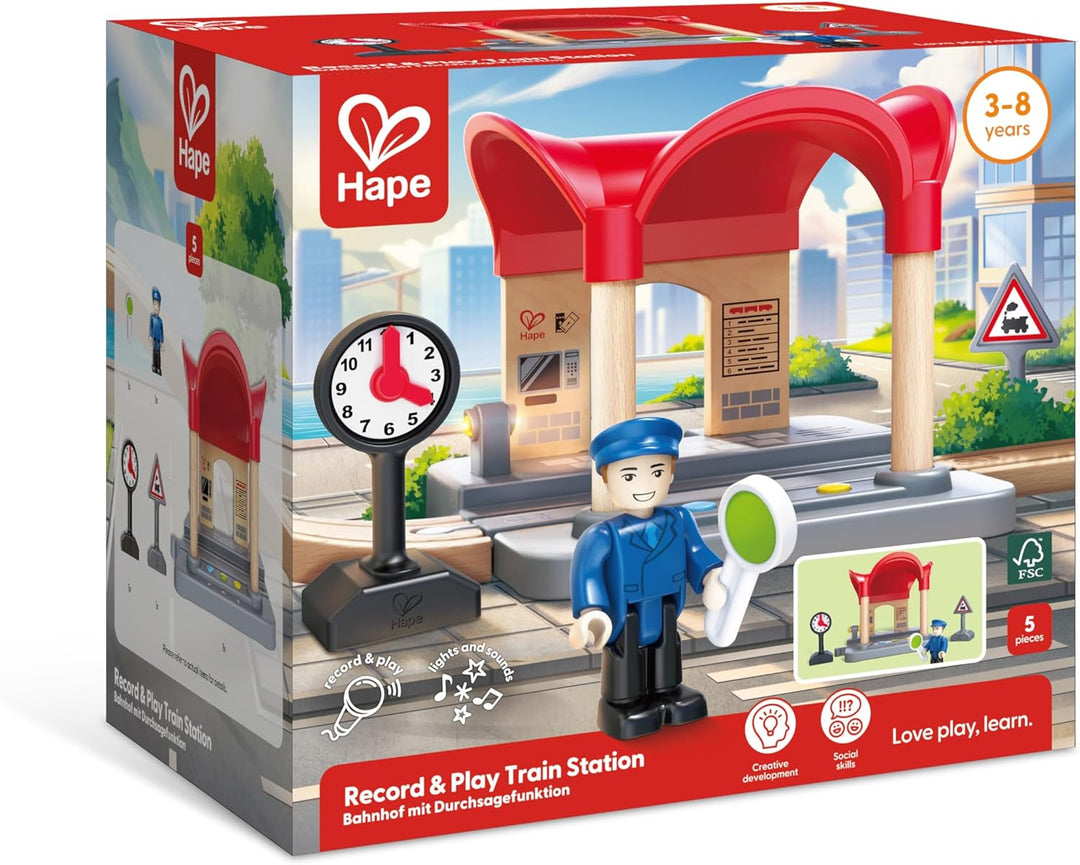 Hape Bahnhof mit Durchsagefunktion, Zubehör für Deine Holzeisenbahn, eigene Bahnhofsansagen aufnehme