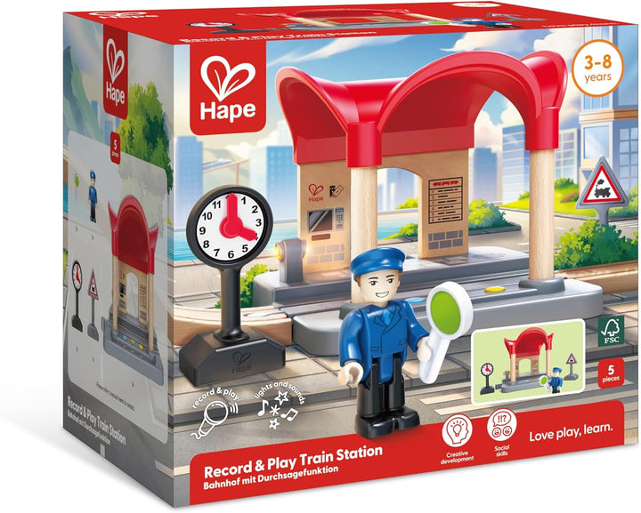 Hape Bahnhof mit Durchsagefunktion, Zubehör für Deine Holzeisenbahn, eigene Bahnhofsansagen aufnehme