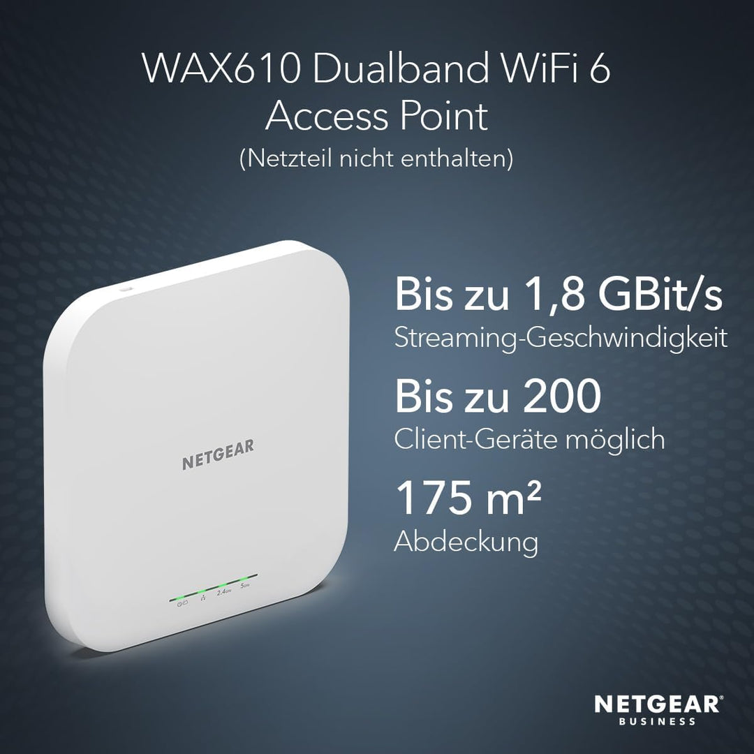 NETGEAR WAX610 WLAN Access Point PoE WiFi 6 (AX1800 Speed Dual-Band Mesh, WPA3, 802.11ax, 2.5G LAN,