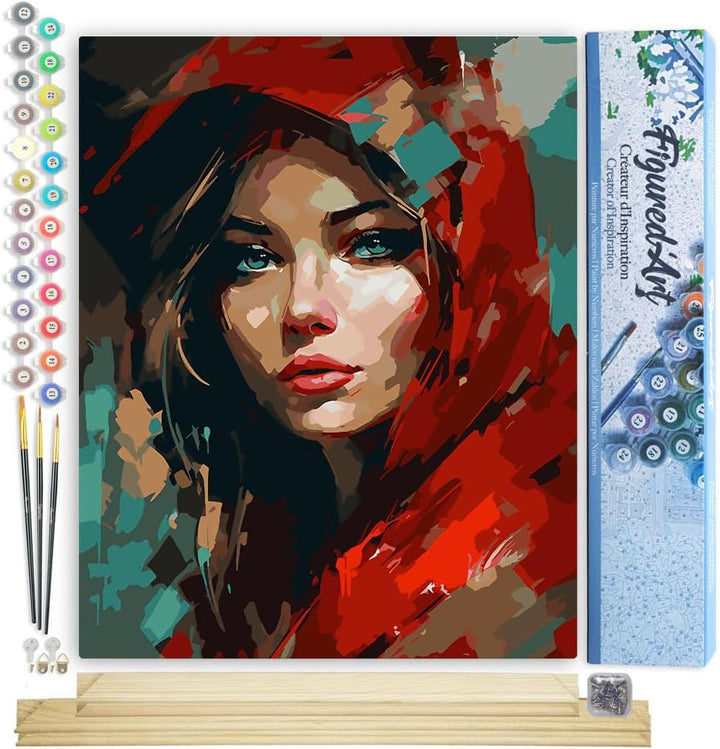Figured'Art Malen Nach Zahlen Erwachsene Mit Rahmen Frau im Roten Schal - Paint by Numbers Basteln D