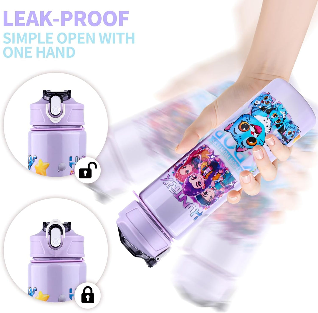 700 ml Trinkflasche mit Strohhalm – Doppelseitiges Cartoon Motiv, auslaufsicherer Trinkbecher mit De