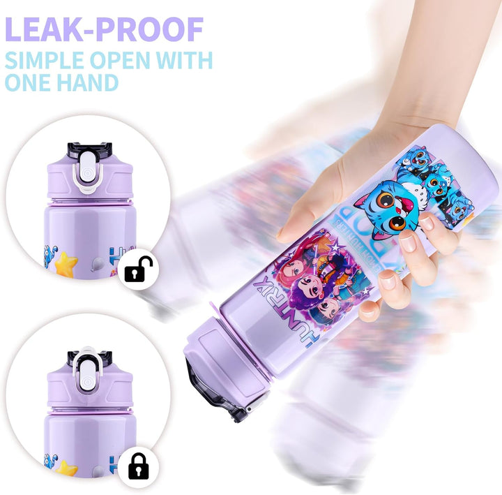 700 ml Trinkflasche mit Strohhalm – Doppelseitiges Cartoon Motiv, auslaufsicherer Trinkbecher mit De