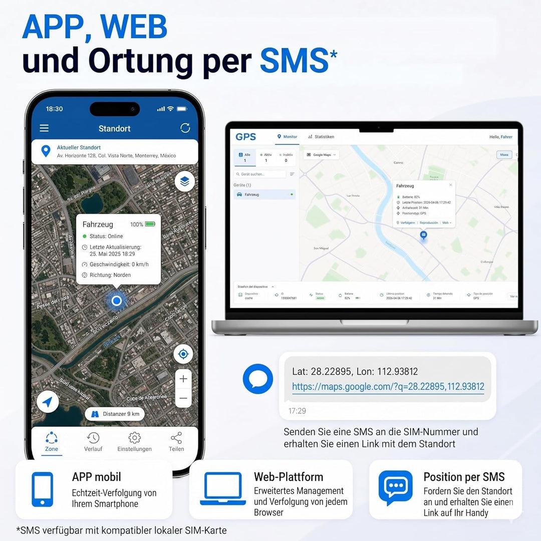 Winnes GPS Tracker Auto Ohne ABO, 4G GPS Tracker mit Magnet, Echtzeit Ortung per APP, 20000mAh Auto