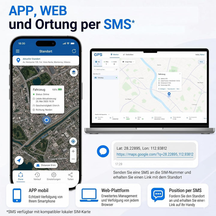 Winnes GPS Tracker Auto Ohne ABO, 4G GPS Tracker mit Magnet, Echtzeit Ortung per APP, 20000mAh Auto