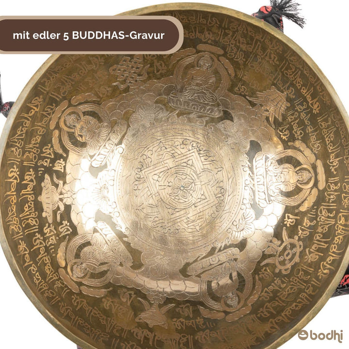 Bodhi Tibetische Klangschale Ø 32 cm | Singing Bowl mit 5 Buddhas Gravur | Handgefertigtes Klangscha