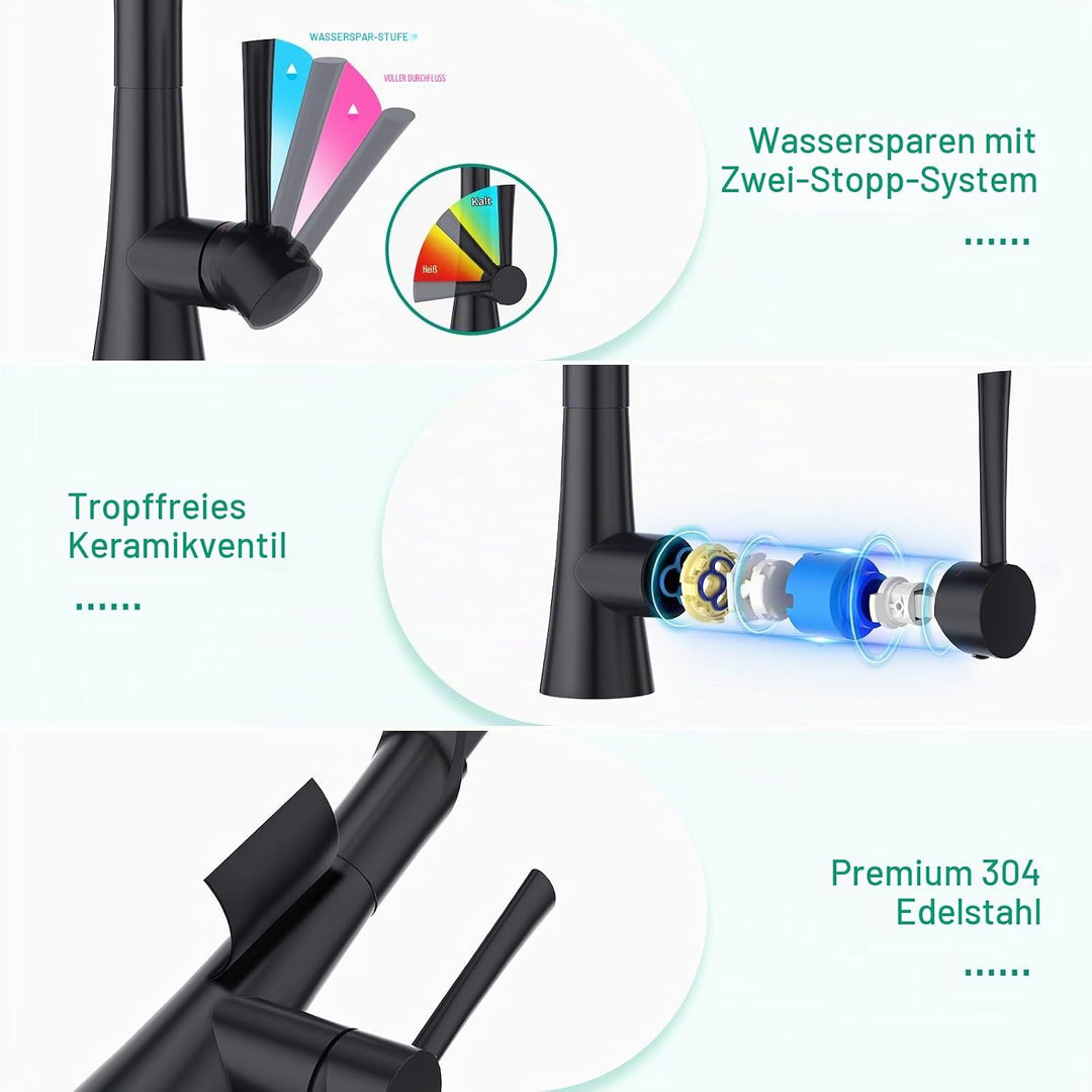CREA Wasserhahn Küche mit 3 Funktionen Brause, Hochdruck Küchenarmatur mit Ausziehbarer Brause, 360°