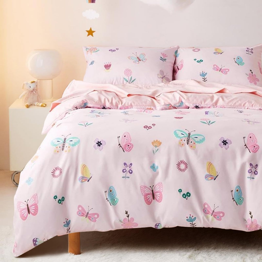 Freyamy Kinder Bettwäsche 100x135cm 2teilig Rosa Bunt Schmetterling Blume Wendebettwäsche Gebürstet