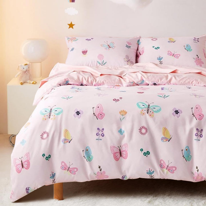 Freyamy Kinder Bettwäsche 100x135cm 2teilig Rosa Bunt Schmetterling Blume Wendebettwäsche Gebürstet