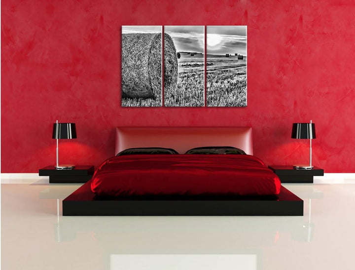 Pixxprint Monocrome, Strohballen auf Feld 3-Teiler Leinwandbild 120x80 Bild auf Leinwand