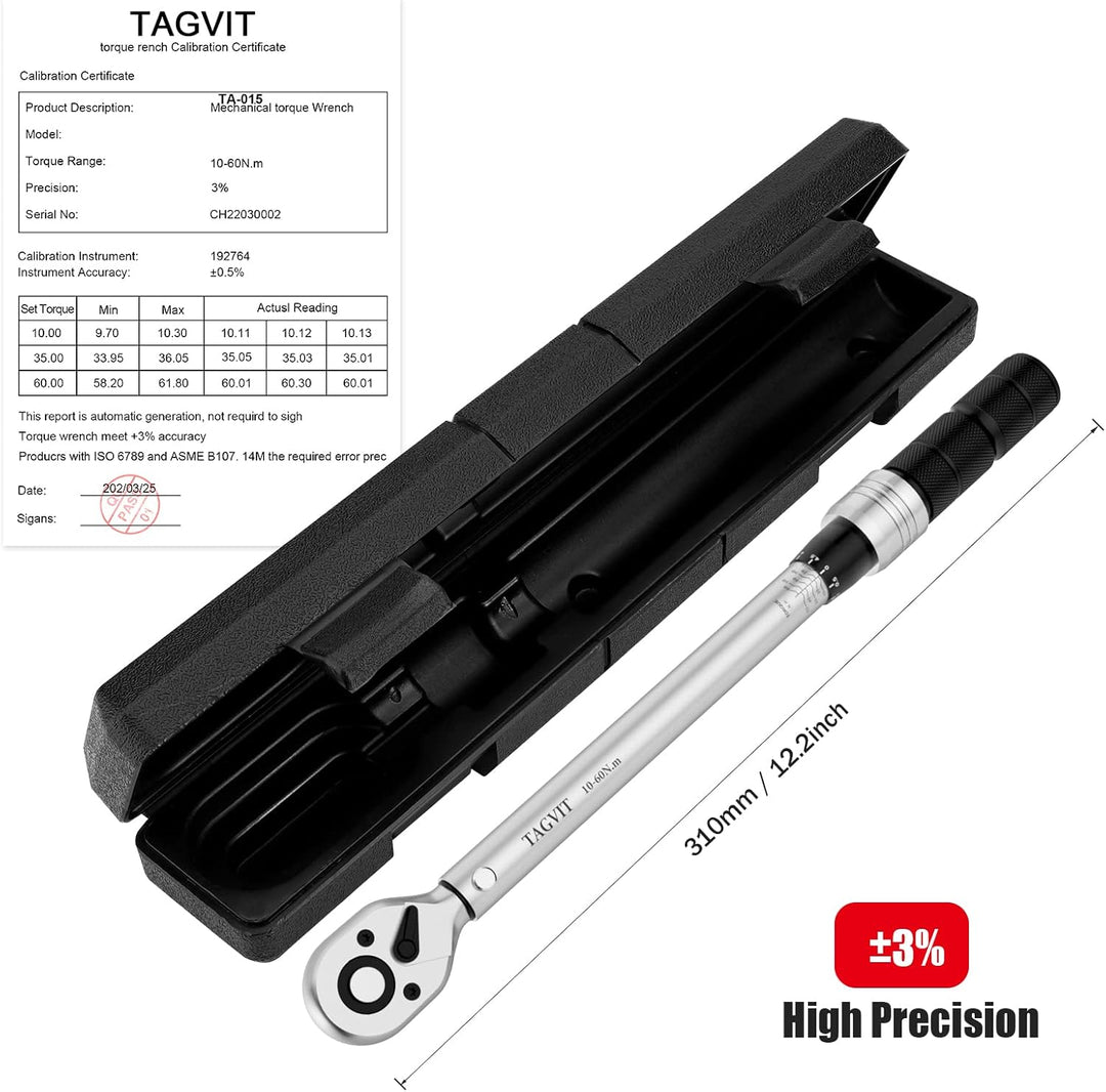 TAGVIT Drehmomentschlüssel 3/8", ± 3% Fehlergenauigkeit, 10-60 NM Drehmomentschlüssel mit Einer Trag