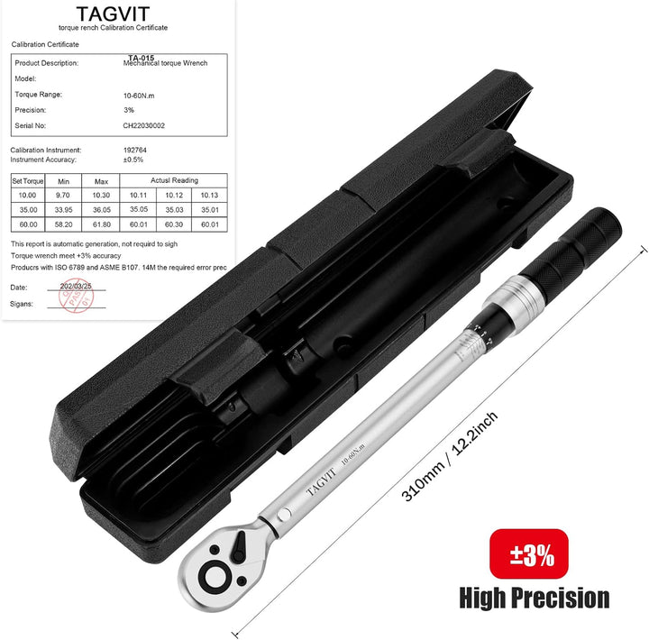 TAGVIT Drehmomentschlüssel 3/8", ± 3% Fehlergenauigkeit, 10-60 NM Drehmomentschlüssel mit Einer Trag