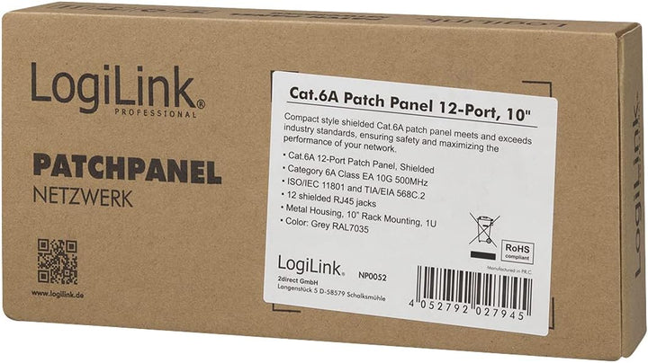 LogiLink Professional Cat.6A (500 MHz) Patchpanel - Verteilerfeld, 10", STP (geschirmt) 12-Port (RJ4
