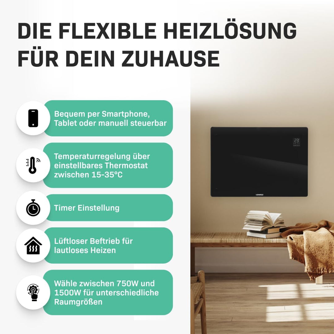 VONROC Elektroheizung, Konvektor-Heizung - Energiesparende elektrische Heizung bis 18m2 - Wand-/Bode