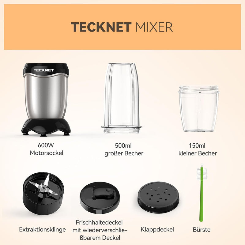 TECKNET Smoothie Maker, 600W Mini Mixer Smoothie Maker mit 4 Edelstahl Blatt, Tragbarer Standmixer G