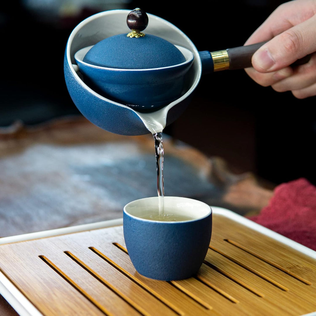 Lurrier Chinesisches Gongfu-Teeset aus Porzellan, Teekannen-Set mit 360 Grad drehbarem Teebereiter u
