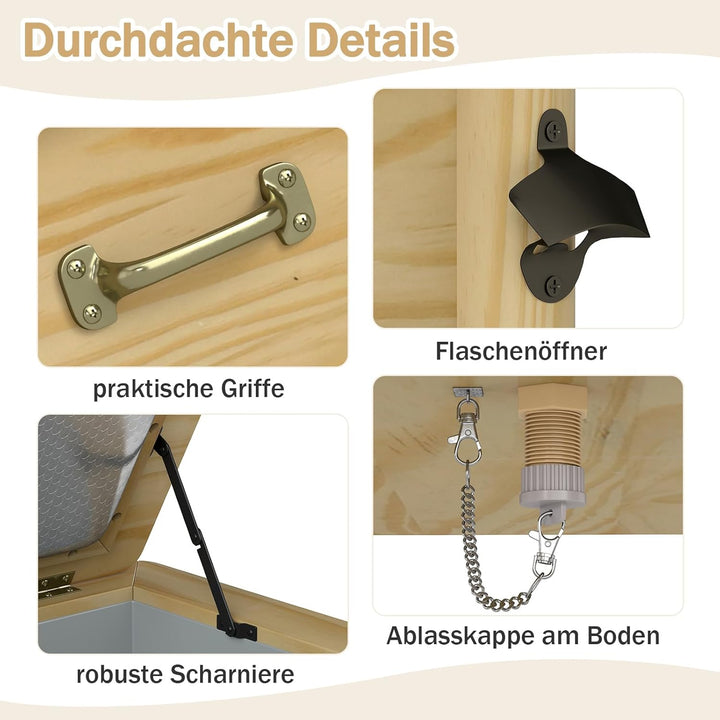 COSTWAY Getränkekühler Holz, 51 L Outdoor-Terrassenkühler mit 3 Griffen & Flaschenöffner, rustikale