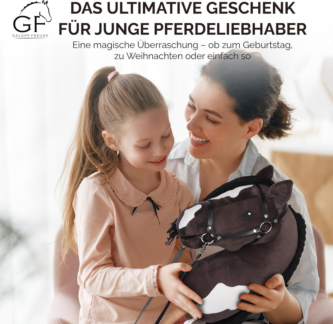 GaloppFreude® Hobby Horse Pferde Braunschecke – Grosses A3 Steckenpferd mit Schraubstab & Trense – H